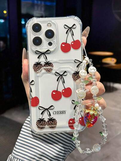 1pc Cherry Painted Transparent Card Holder Multifunctional Wallet With Wrist Strap, Thick Shockproof Phone Case Compatible With IPhone 17/17Pro/17ProMax, 16/11/16Pro/16Plus/16ProMax/16e, 15ProMax, 13/14/12/XS/XR/7G/8P, Galaxy S25/S25PLUS/S25 Ultra, A16/A36/A26/A56/A50, 11/12Pro/12/12X/13Pro/14Pro/15Pro/X3pro, Redmi 10/9/Note9/12c/Note11pro/Note8Pro/9C/9a