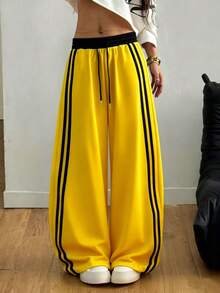 Quần dài dáng rộng thoải mái phối màu tương phản mới mùa Thu/Đông, quần thể thao ống rộng cạp cao kiểu Mỹ, có sọc bên hông và túi, kiểu dáng rộng rãi, thích hợp cho khiêu vũ hoặc thể thao. - Màu vàng - Xem 6