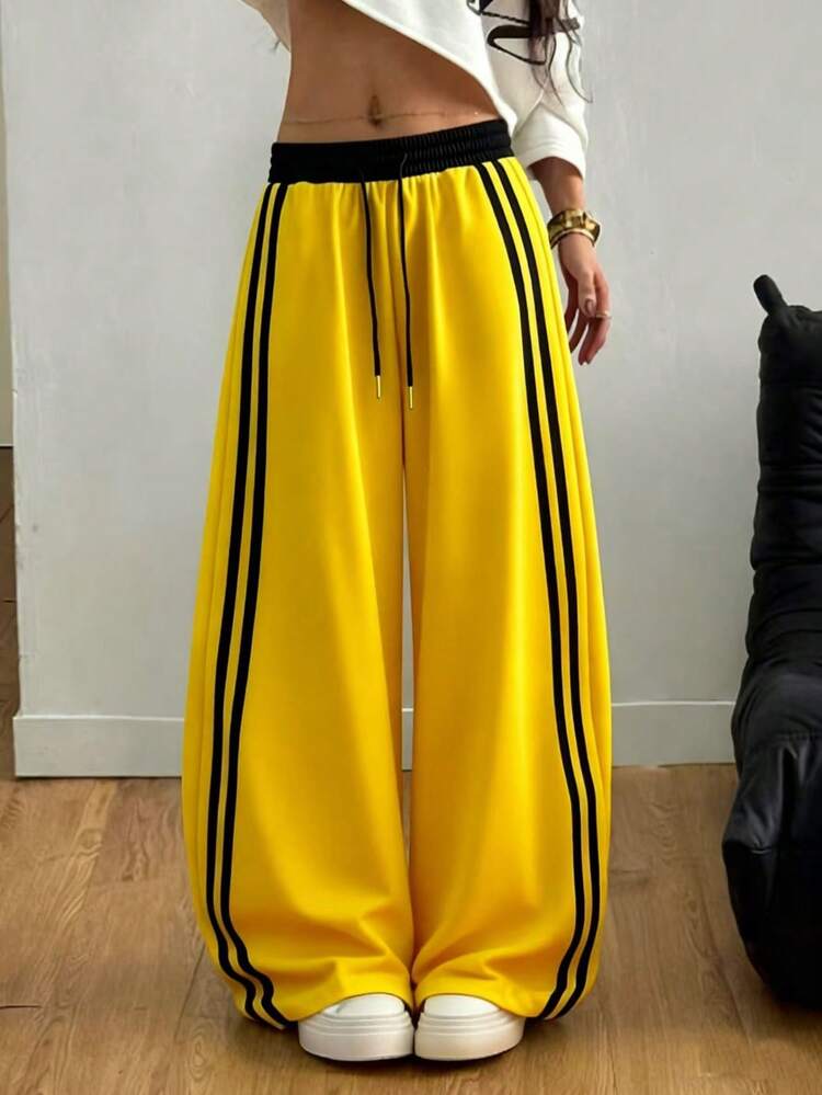 Pantalones casuales relajados con cordón de contraste de otoño/invierno, pantalones deportivos de pierna ancha con bolsillo de raya lateral de cintura alta recta estilo estadounidense, patchwork holgado para baile y deporte de primavera - Amarillo - Ver 5