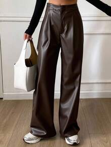 Livesso PU Leather Casual Solid Color Wide Leg Cropped Women Pants Women Dress Pants Fall - Coffee Brown - View 2