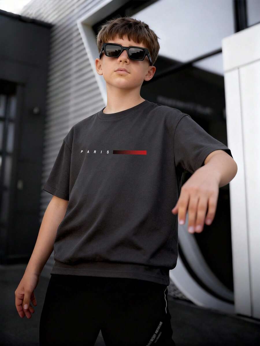 男童休闲印花藏蓝色圆领短袖T恤，夏季上衣 - 深灰色 - 查看 1