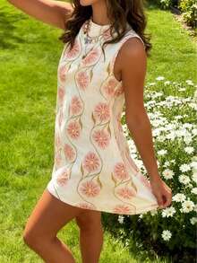 舒适假日休闲女式夏季花卉印花立体图案圆领无袖直筒连衣裙 - 彩色 - 查看 1