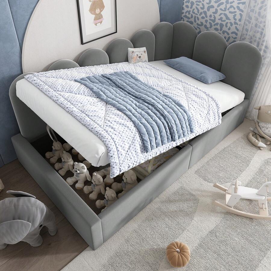 Upholstered Daybed 90 X 200 Cm, Sofa Bed With Hydraulic Storage, Children's Bed With Metal Slatted Base, Grey Velvet, Without Mattress - Gray + Velvet - View 1