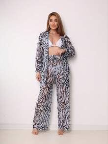 Printed Tulle Beach Cover-Up Set, Shirt And Pants. - Black and White - View 1