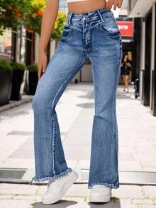 YOKASA Jeans acampanados y desgastados casuales para mujer - Azul - Ver 4