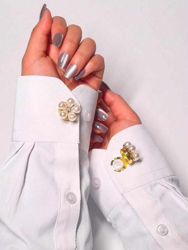 2 piezas Conjunto de botones decorados con perlas, gemelos de perlas falsas lujosos y lindos, adecuados para camisas, suéteres, vestidos, sin necesidad de coser, se pueden usar como broches de botones, broches de cuello, unisex, para uso diario, negocios, decoración de boda, se pueden usar en 3 segundos, regalo para fiestas