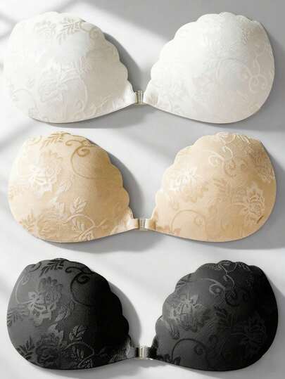 1 Pc / 3 Pcs Lace Sticky Bras,Push Up Breast Lift Bra,Invisible Silicone Self-Adhesive Nipple Patches,Front Clasp Design With Back Strap,Reusable For Bikini For Strapless Evening Dresses