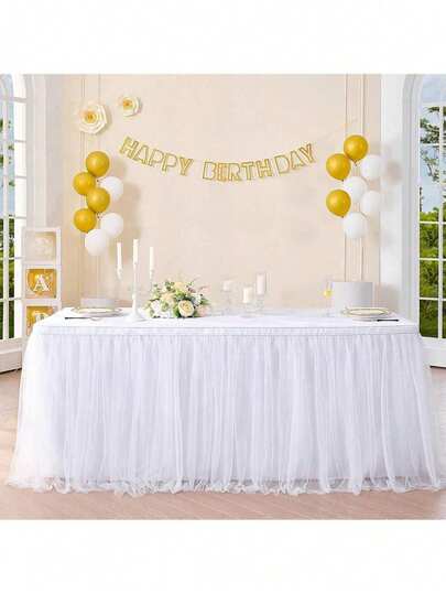 1PC,Elegant White Chiffon Double Layered Tablecloth, Perfect For Weddings, Long Or Round Tables, Can Be Used Multiple Times, Birthdays And Family Celebrations, Cake Table Decoration