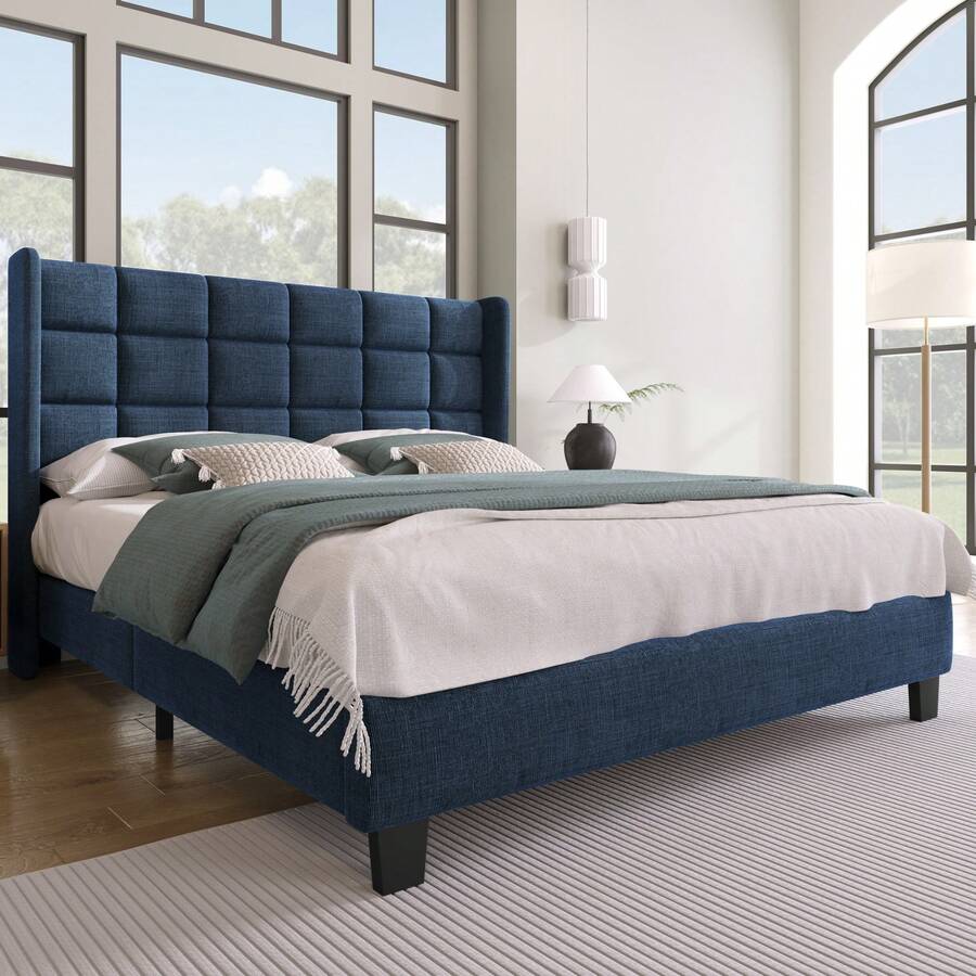 Upholstered Double Bed With Padded Headboard, 140x200cm, In Blue Linen, Medium Firmness (Mattress Not Included) - Blue - View 1