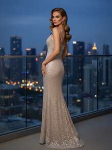 闪亮、性感、优雅的派对亮片拉链露背吊带正式晚礼服 - 淺灰色 - 查看 3