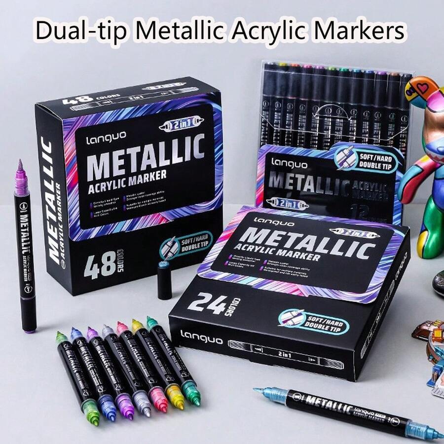 48/24/12 Colors Dual Tip Acrylic Paint Markers Set, Quick Drying & Fade Resistant, Ideal For Painting, Illustration, Crafts, Coloring Books, DIY Projects On Paper, Fabric, Wood, Stone, Plastic, Glass, Pumpkin, Metal And More, Great Gift For Students And Adults, Suitable For Easter, Thanksgiving, Halloween, Christmas