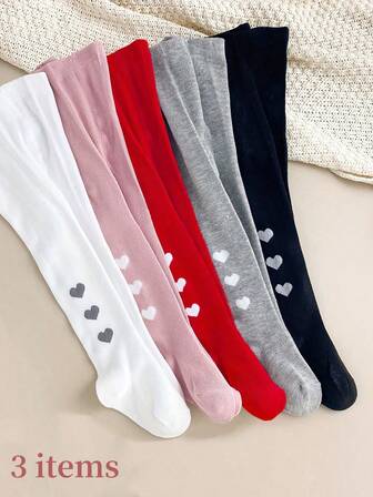3 Items Pack Kids' Solid Color Tights With Heart Pattern, Sweet & Cute Style, Skin-Friendly Soft Fabric, Suitable For School, Casual And Daily Outfit Matching, Versatile Leggings For Spring, Autumn, All Seasons, Matching School Uniforms