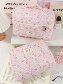 1个粉色蝴蝶结花卉条纹绗缝化妆包，大容量便携式拉链化妆包，适合旅行和度假，可收纳卫生巾、钥匙、手机、充电器、口红、化妆品、香水、化妆刷等，是护肤品和美容产品的理想收纳包，适合女性、学生、女性朋友，是生日、节日、送给女朋友的绝佳礼物。 - 粉色 - 查看 14