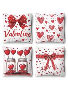 情人节四件套抱枕套 - 17.7x17.7 英寸，浪漫心形蝴蝶结设计，红白装饰抱枕套，适用于家居、办公室和客厅（不含枕芯），浪漫家居装饰|心形图案设计|拉链封口 - 紅白色 - 查看 1