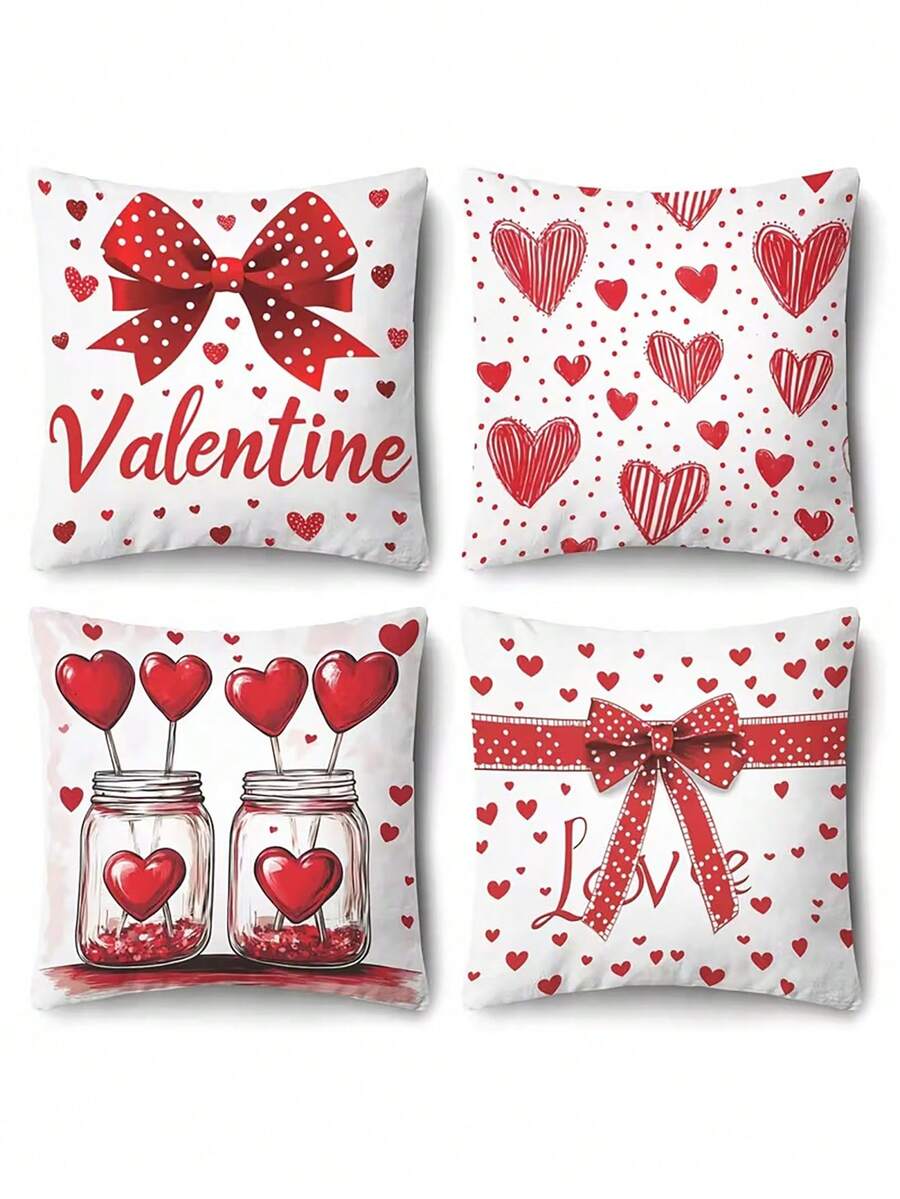 情人节四件套抱枕套 - 17.7x17.7 英寸，浪漫心形蝴蝶结设计，红白装饰抱枕套，适用于家居、办公室和客厅（不含枕芯），浪漫家居装饰|心形图案设计|拉链封口 - 紅白色 - 查看 1