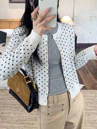 波点印花长袖女式开衫