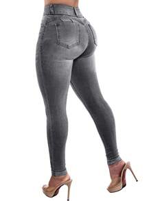 女士提臀牛仔裤，高弹力打底裤，时尚优雅，适合约会、通勤、休闲旅行、情人节和新年穿着。 - 中灰色 - 查看 3