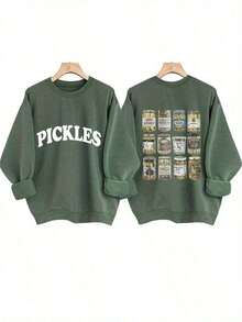 [Olive Green Sweatshirt] Soft Olive Green Crewneck Sweatshirt |       PICKLES Letter Print & Pickle Jar Graphic - Mid-Stretch Fabric, Machine Washable, Casual All-Season Comfortchristmas Outfit Women-Unisex, Comfortable Vintage Cotton Washed T-Shirt - 綠色 - 查看 8