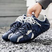 Zapatillas deportivas casuales de estilo retro de color azul y beige con diseño de bloques de color, puntera redonda con cordones, zapatos tipo mocasín para uso unisex - Azul - Ver 1