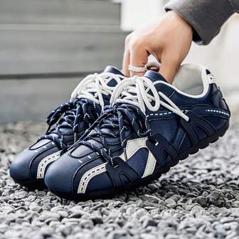 Unisex Low-Top Casual Sneakers, Non-Slip Athletic Shoes, Retro Style Blue & Beige Color Block Design, Round Toe Lace-Up, Loafer Shoes