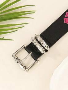 1 pièce Ceinture  texturé noir à motif floral avec boucle métallique style Y2K, convient pour assortir avec des sweats à capuche, jeans déchirés, tenues , port quotidien, style mode, activités de plein air, rassemblements, fêtes, accessoire automne/hiver, Noël, Saint-Valentin, rentrée scolaire, Halloween, vacances, cadeau de graduation, anniversaire - Motif multicolore - Voir 5