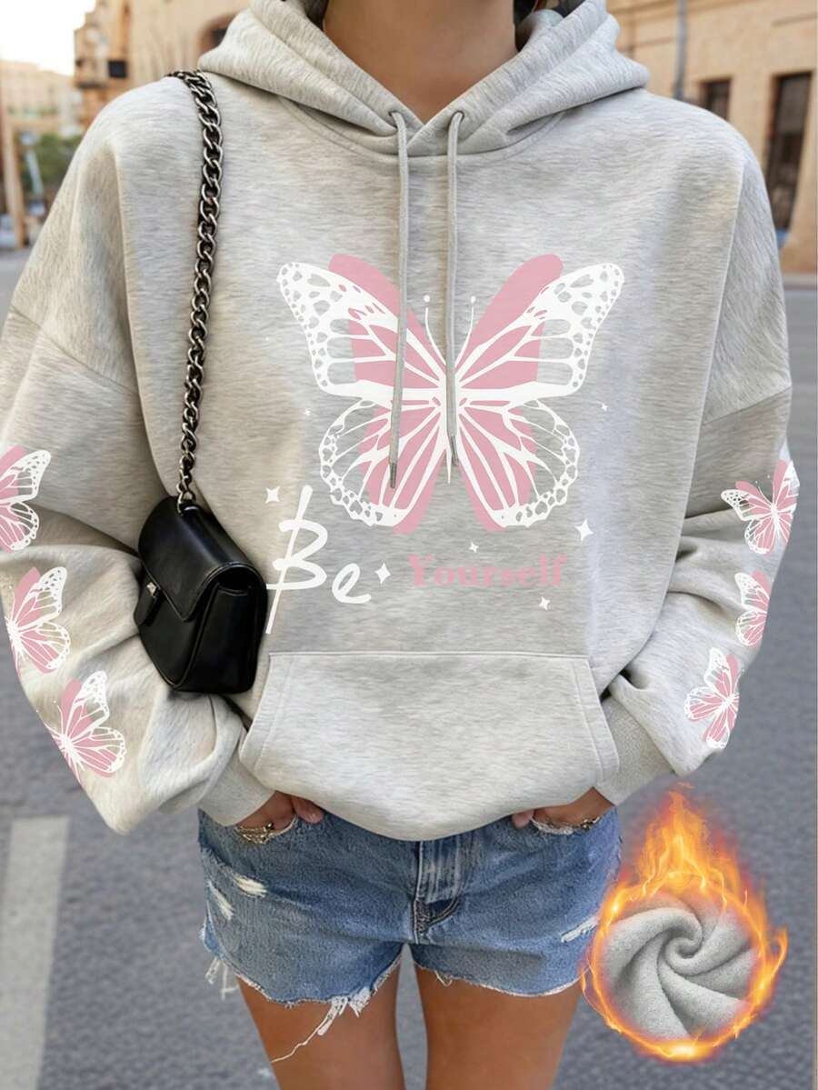 女士秋冬新款简约ins风梦幻甜美蝴蝶印花休闲日常百搭卫衣 - 深花灰 - 查看 1