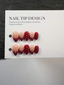10pcs Handmade Almond-Shaped Red & White Polka Dot Cute Minimalist Elegant False Nails - Multicolor - View 3