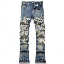 Purle BrandMen Jeans New Style Washed Blue Embroidered Stretch High Street Slim Mid Rise Flared Trousers Fashionable Comfortable  Outfit Casual Wear Durable Lightweight Breathable Classic Design - 藍色 - 查看 1