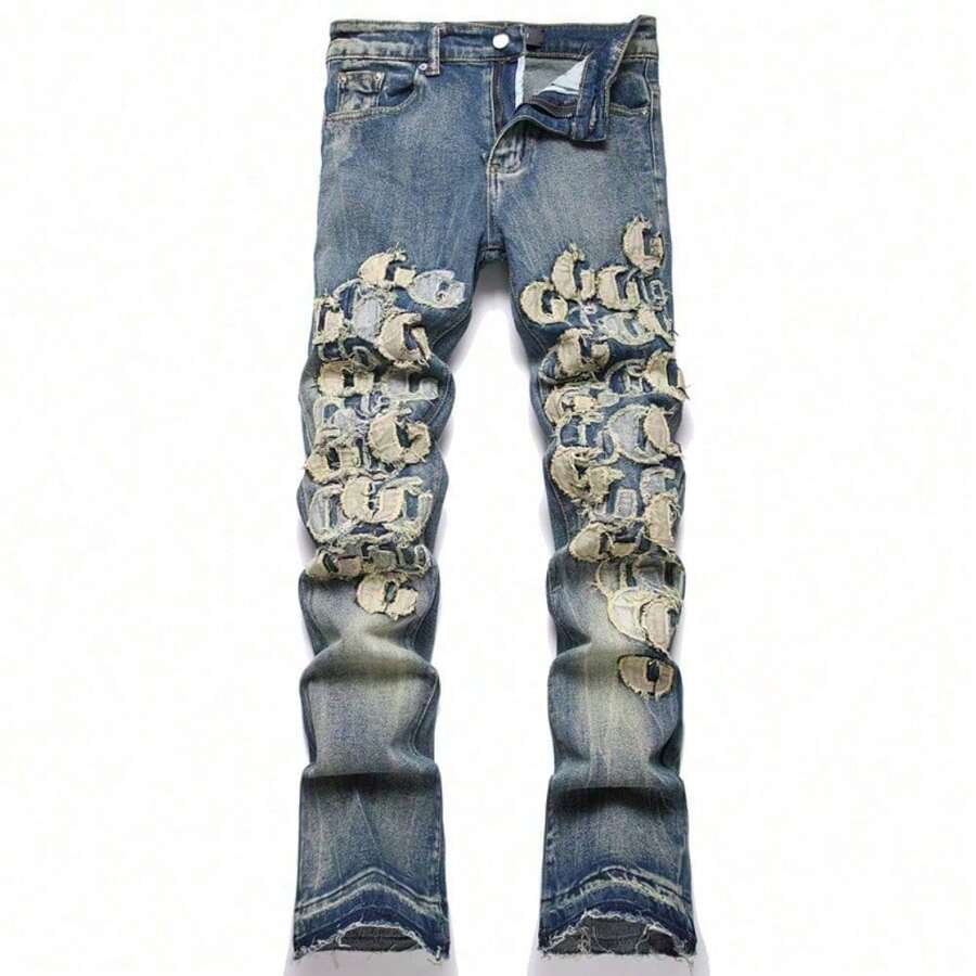 Purle BrandMen Jeans New Style Washed Blue Embroidered Stretch High Street Slim Mid Rise Flared Trousers Fashionable Comfortable  Outfit Casual Wear Durable Lightweight Breathable Classic Design - 藍色 - 查看 1
