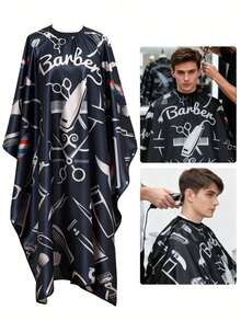 2pcs/Set Hairdressing Tool Combo Set: Hairdressing Cap, Apron, Neck Brush, Hair Cleaning Brush - Professional Large Hairdressing Cap With Hairdressing Tools, Scissors, Comb Pattern, Unisex Adult Black Hairdressing Cap; Men's Salon Cap, Waterproof Hair Styling Cap, Hairstylist Attire - Multicolor - View 2