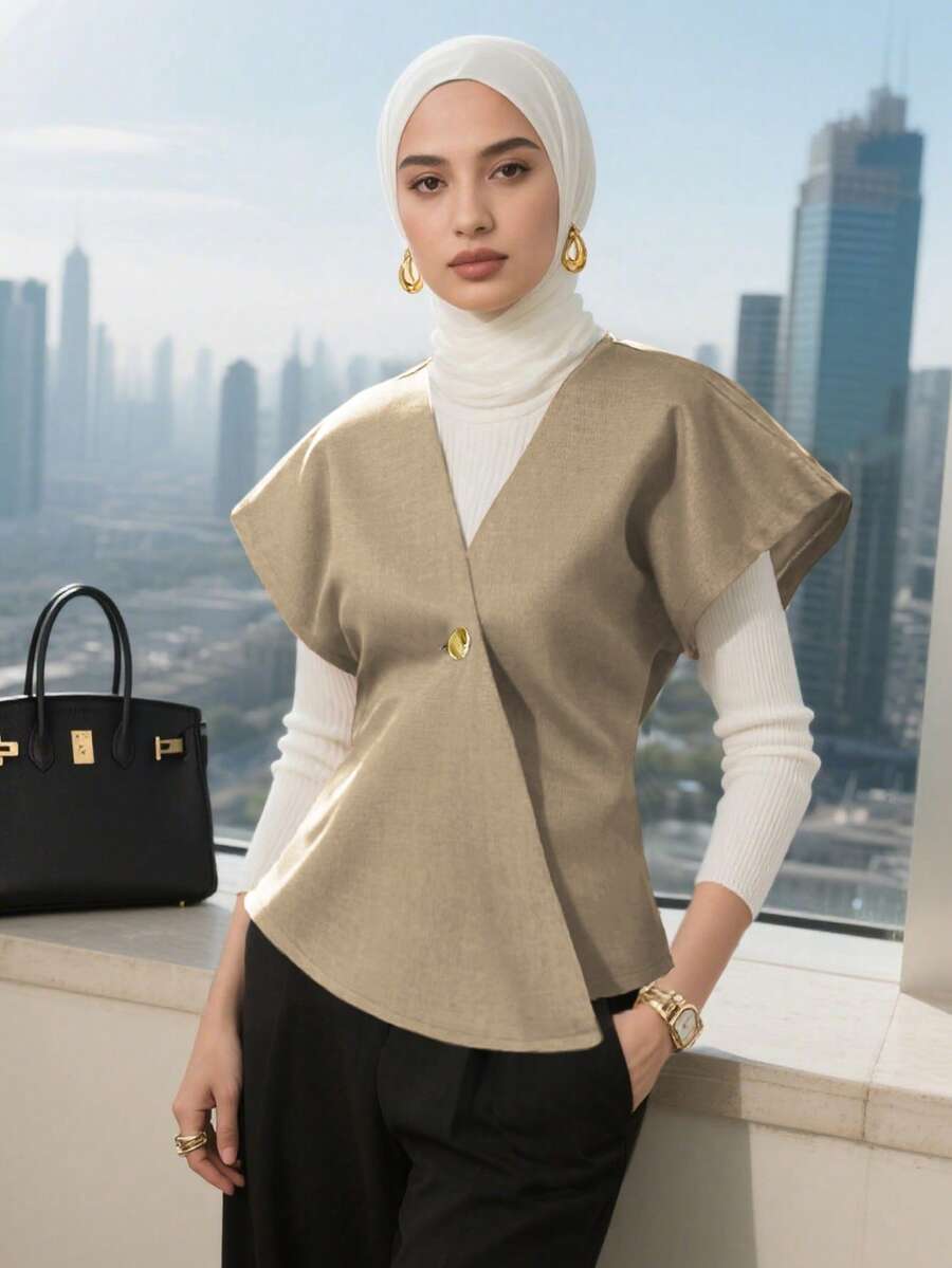 穆斯林女式衬衫，蝙蝠袖上衣，女士优雅气质短袖外套 - 卡其色 - 查看 1
