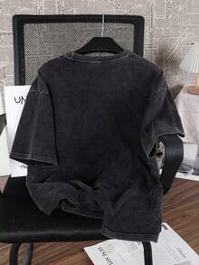 Hemo Men's Round Neck Short Sleeve Simple Commuter Top, Casual Daily Washed Printed T-Shirt - Black - View 2