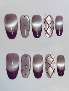 10pcs Pure Handmade Press On Nails Long Nails Oval Nails The Main Color Is Purple. The Combination Of Purple-Gray Cat Eye And Deep Purple French Is Cold And Retro. The Pure Cat Eye Are Decorated With Polka Dots, Which Are Low-Key And Playful. The Diamond-Shaped Pattern And Small Beads Add A Sense Of Layering To The Overall Look. Gentle Elegant Cute Nails For Ladies And Girls Spring Summer Fall Winter Festivals Parties And Daily Life Use - Purple - View 1