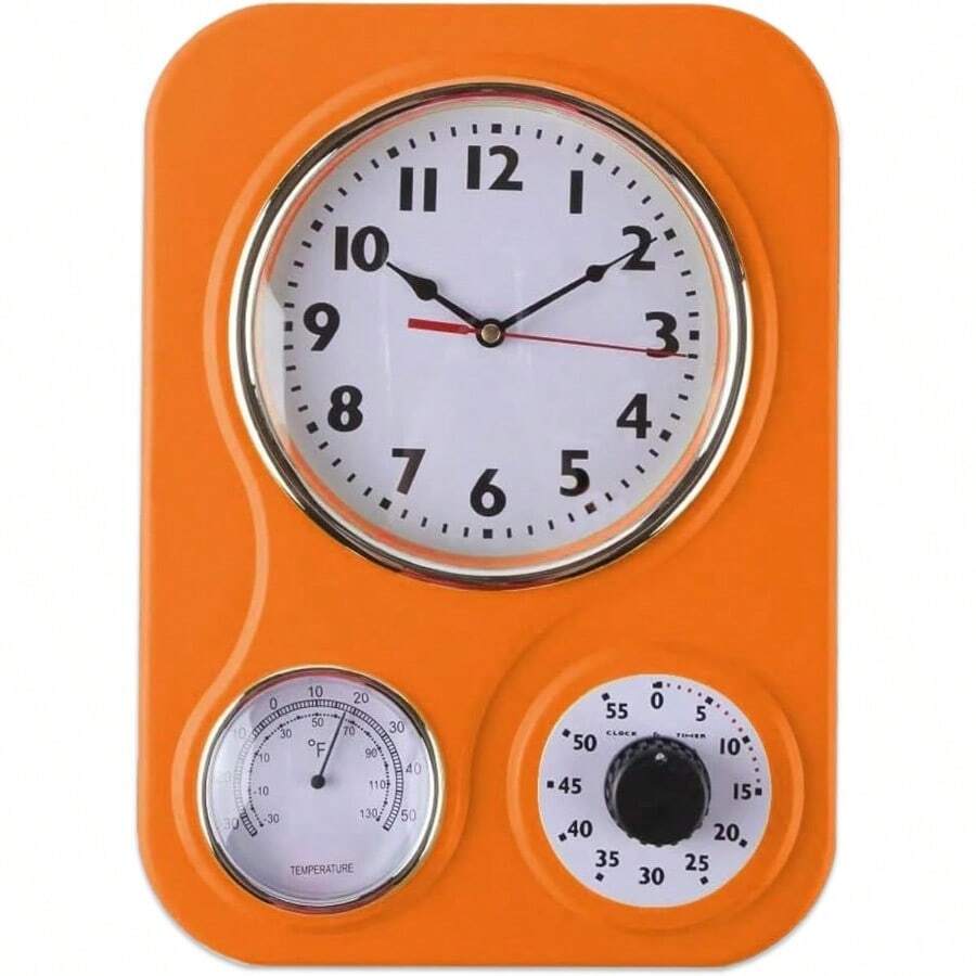 HAWT- 9.5 Inch X 12.5 Inch - Retro Kitchen Wall Clock Vintage Wall Clock With A Thermometer And 60-Minute Timer Ideal For Any Kitchen Office Or Diner Orange - Orange - View 1