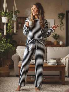 Women's Fall Pants Set Stylish Striped Crew Neck Long Sleeve Tops And Straight Leg Pants 2 Pcs Set - Màu xanh lam - Xem 1