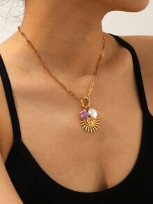 1pc Flower Pearl Sun Pendant Necklace, Personalized Choker Necklace Suitable For Women's Daily Wear - Multicolor - View 6