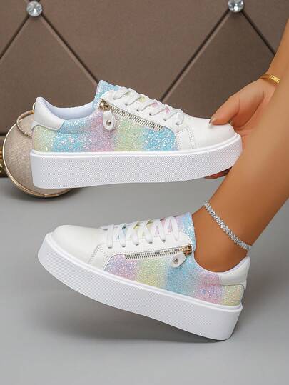 2025新款彩色圆头休闲百搭女式运动鞋，系带，侧拉链，撞色设计，舒适简约低帮运动鞋，适合日常穿着