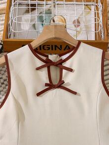 Left Mama Girls Elegant Minimalist Hollow Collar Bow Sleeveless Dress, Dignified Long Dress Suitable For Ramadan And Festivals, Summer - Apricot - View 3