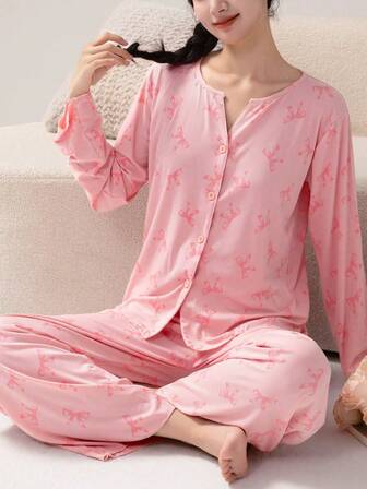 2 piezas Conjunto de pijama para mujer, Cárdigan con solapa, Blusa de manga larga con estampado de mariposa, Pantalón largo, Tela de poliéster cómoda, Adecuado para primavera, otoño e invierno, Ropa de estar en casa casual