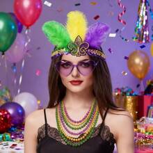 5 Pcs Unisex Mardi Gras Costume Set Faux Feather Headpiece Sequin Headband Mask Bead Necklaces Perfect For Carnival Party Celebrations - Multicolor - View 4