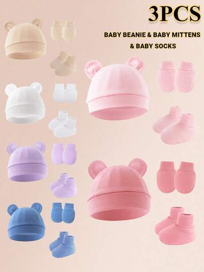 3pcs Baby Thin Solid Color Earflap Hat + Mittens + Booties Set, Cute & Minimalist, Lightweight & Breathable, Comfortable For Baby's Daily Wear And Outings, Multi-Color Options, Suitable As Birthday Gift, All Season