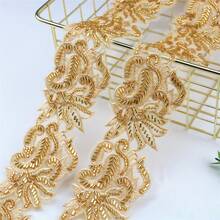1碼金色線繡珠繡花邊，裝飾服裝婚紗，手工DIY材料適用於服裝或包袋 - 金色 - 查看 5
