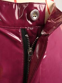 女士高腰金属拉链弹力面料紧身裤，PU皮革修身Y2K风格休闲夜店派对裤，春秋季 - 中紫紅色 - 查看 4