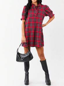Women's Christmas Plaid Print Tunic Dress Puff Short Sleeve V Neck Loose Shirt Dress Casual Babydoll Xmas Dress With Pocket - Đỏ - Xem 9