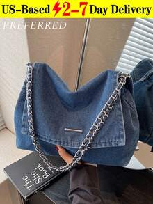 New Fashion Casual Solid Color Denim Effect Metal Chain Strap Flap Cover Women Shoulder Bag,Stylish And Versatile, Large Capacity, Suitable For Commuting, Shopping, And Students. - 彩色 - 查看 15