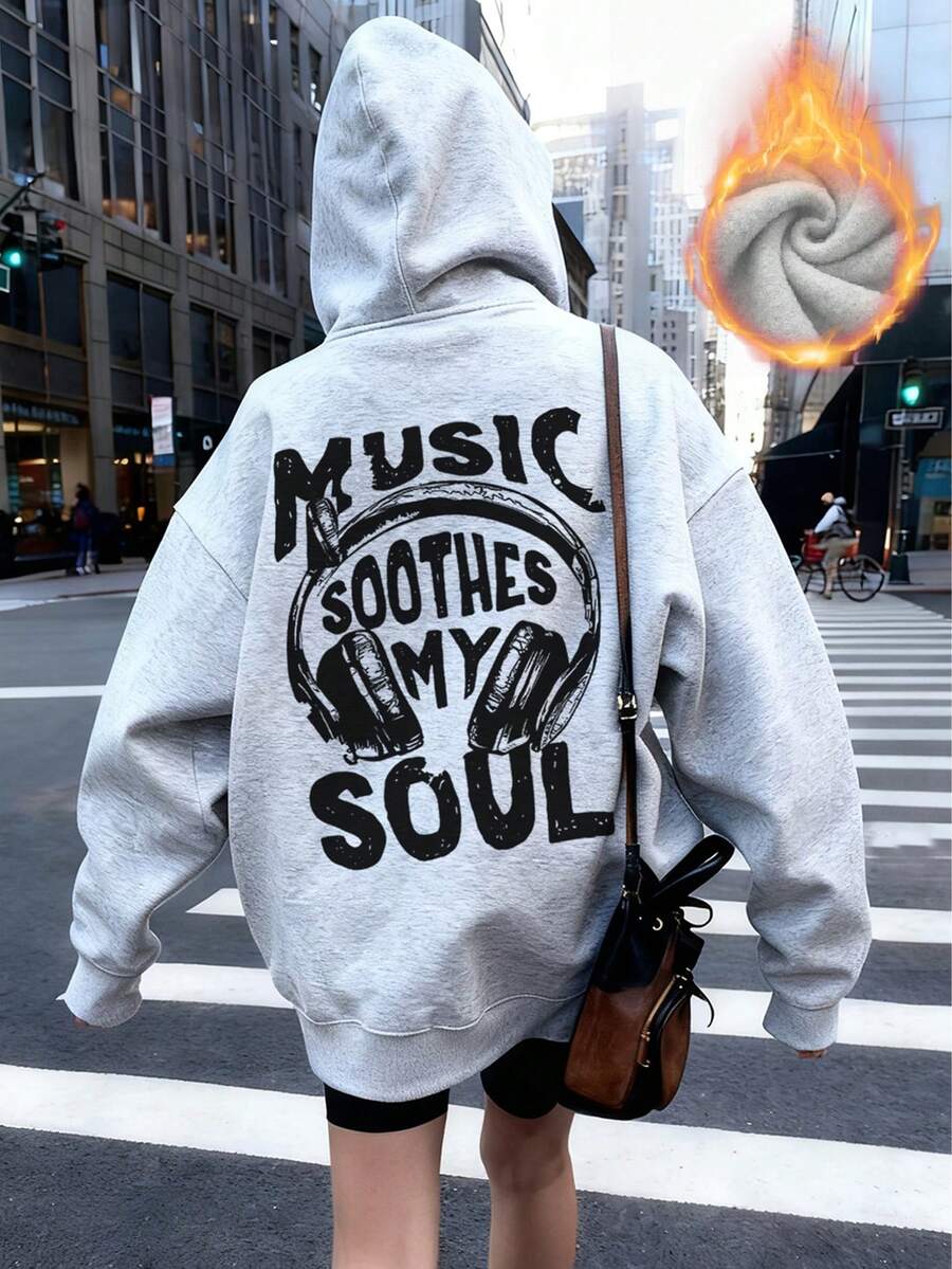 Áo nỉ có mũ trùm đầu in hình tai nghe phong cách tối giản mới cho nữ mùa thu/đông, thời trang và đa năng - Màu xám đậm - Xem 1