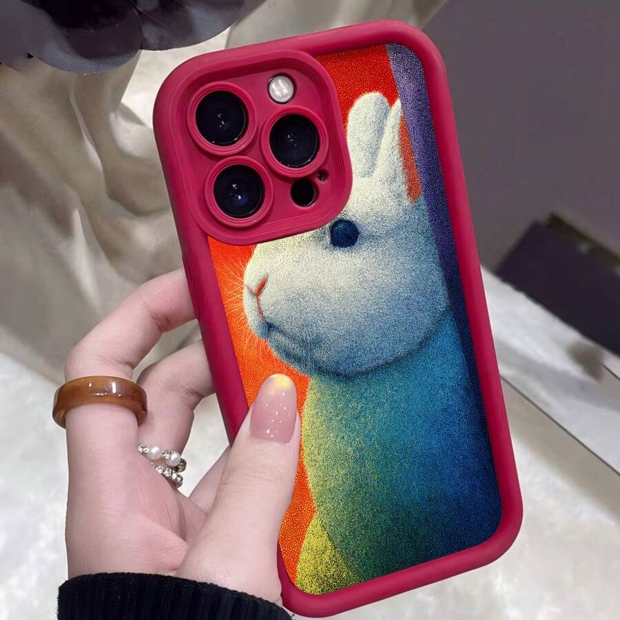 Cubierta de telefono con borde negro y diseño de conejo arcoiris para iPhone 14 Pro Max funda protectora con estampado de conejo colorido ideal para uso diario y regalos - Burdeos - Ver 1