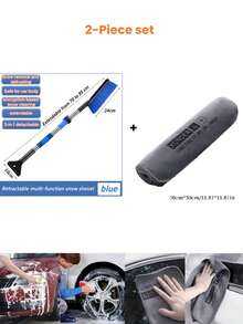 1个冬季可伸缩汽车雪刷，三合一多功能除雪器，带刮冰器和刷子，可拆卸手柄，PVC材质，便携式冬季汽车除雪工具