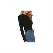 Remidoo Women's Solid Round Neck Puff Long Sleeve Shirt Tops - XL + negro - Ver 4
