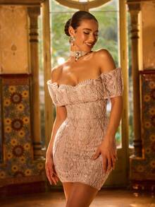 Faeriesty Elegant Off-The-Shoulder Pearl-Embellished Formal Evening Gown With Fitted Silhouette – Perfect For Galas, Weddings, Formal Event Party - Champagne - View 6